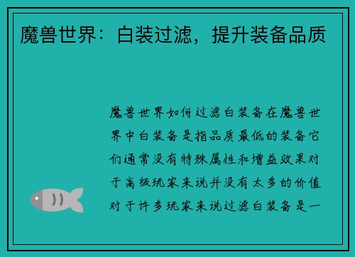 魔兽世界：白装过滤，提升装备品质